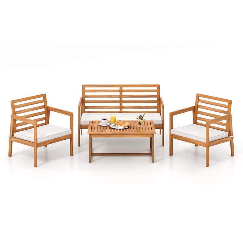 Costway 4 PCS Wood Patio Furniture Set with Soft Seat Cushions Solid - See Details