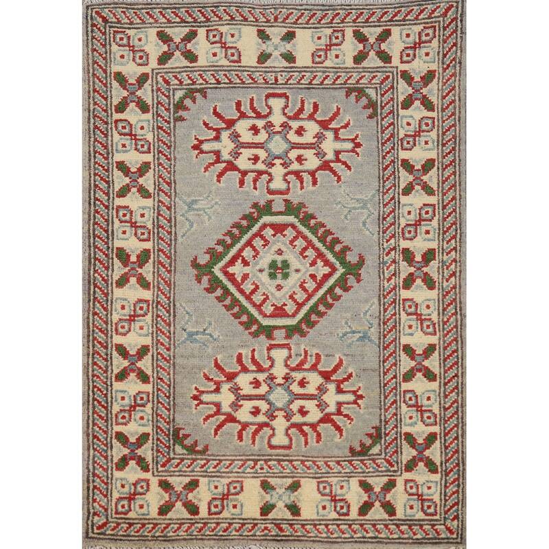Gray Geometric Kazak Accent Foyer Rug Hand-Knotted Wool Carpet - 2'0"x 3'0"