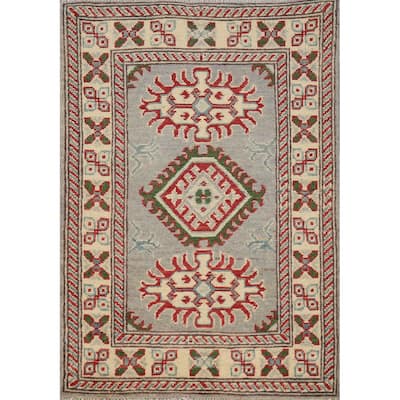 Gray Geometric Kazak Accent Foyer Rug Hand-Knotted Wool Carpet - 2'0"x 3'0"