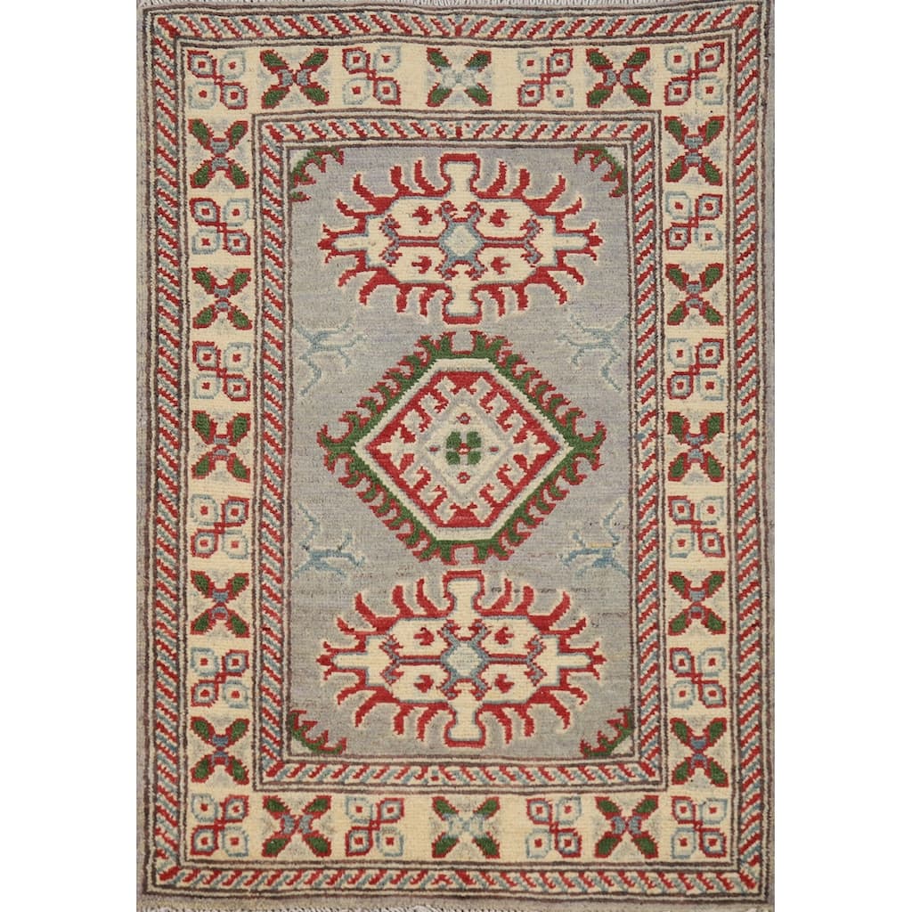 Gray Geometric Kazak Accent Foyer Rug Hand-Knotted Wool Carpet - 2'0"x 3'0"