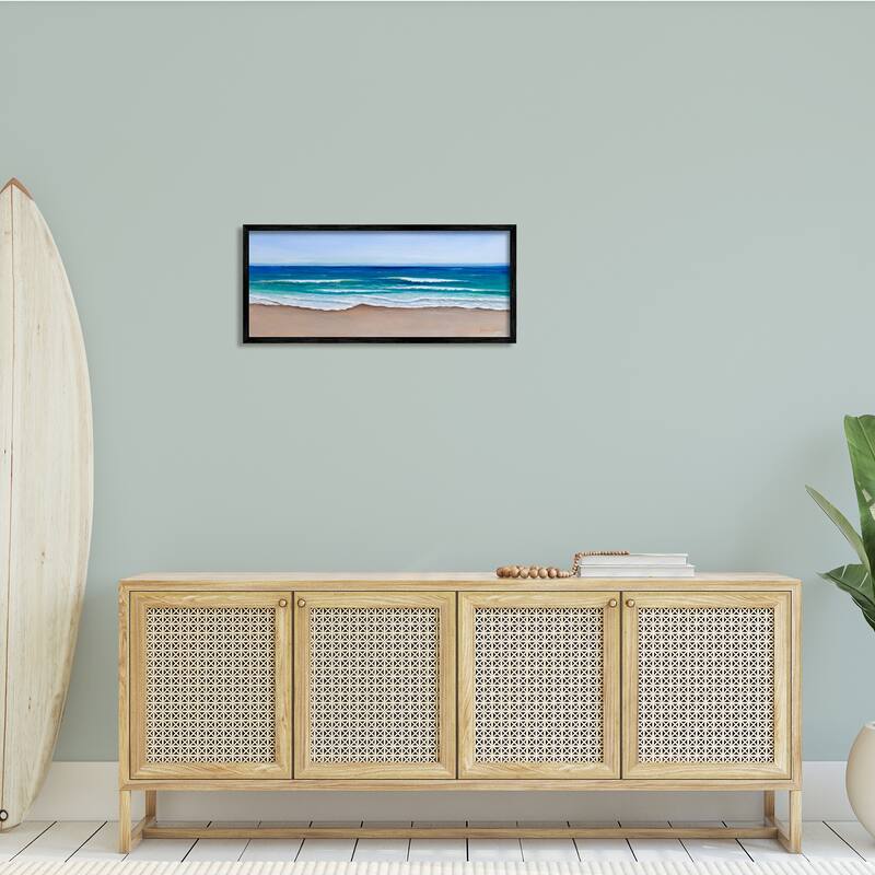 Stupell Vibrant Blue Beach Coast Ocean Shoreline Panoramic Painting Framed Wall Art - Brown