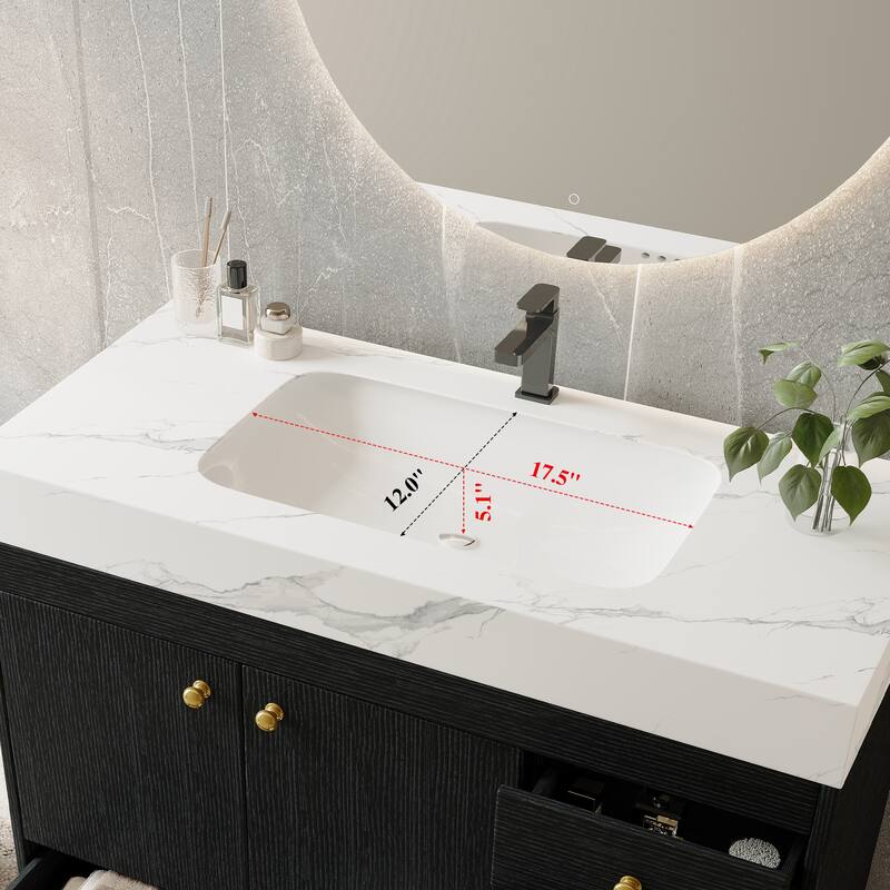 36" Bathroom Vanity with Faux Marble Top & Ceramic Sink, 5-Drawer Storage Cabinet with Stainless Steel Legs