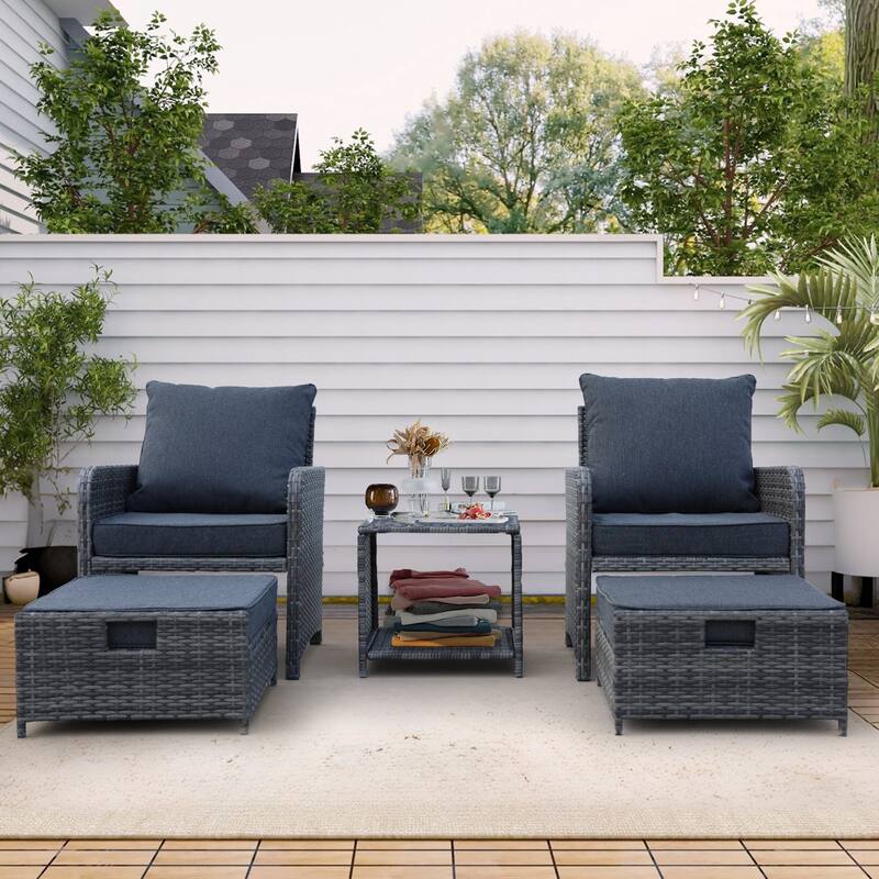 5-Piece Wicker Patio Chair Set with Ottomans and Coffe Table