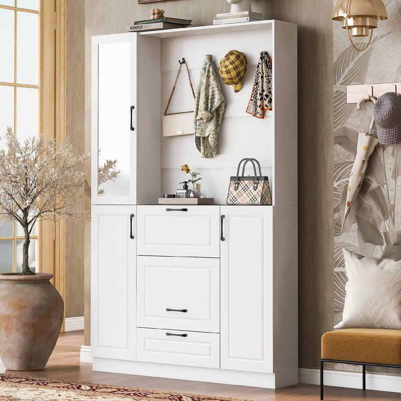 51.1'' Entryway Bench with Integrated Shoe Cabinet,Mirrored Cabinet Door,4 Sturdy Hooks and Foldable Seat