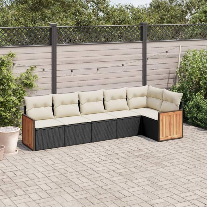 vidaXL Patio Sofa Set with Cushions Outdoor Conversation Furniture Poly Rattan - Black and Cream - 24.4 x 24.4 x 27.2