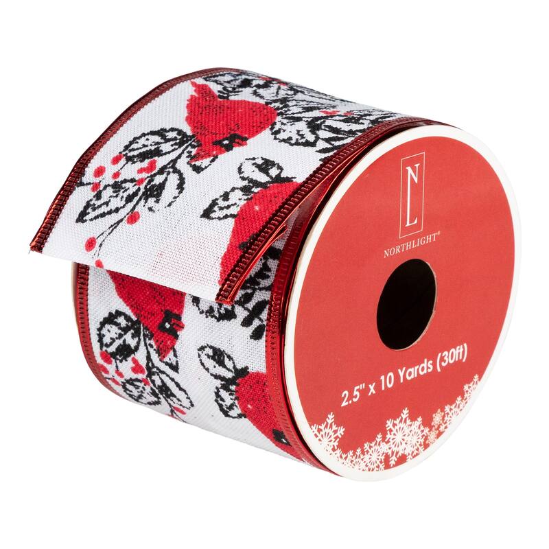 Cardinals with Leaves and Berries Wired Craft Christmas Ribbon 2.5" x 10 Yards