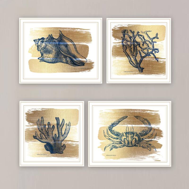 4-Piece Framed Wall Art Set - Gold Sea Collection, White Frame