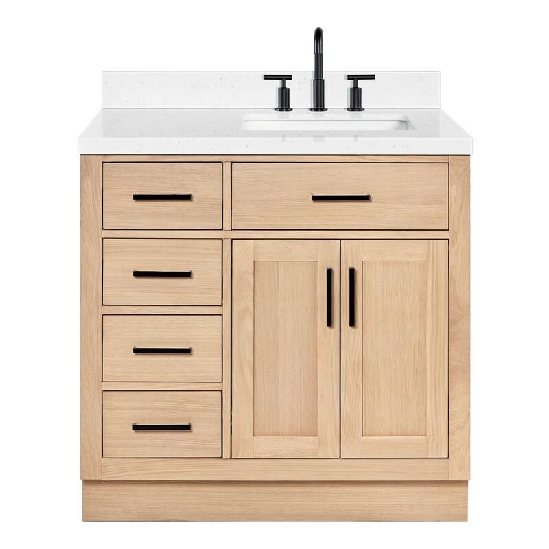 Ariel T036SRCQRVO Hepburn 36" Free Standing Single Basin Vanity Set - Oak / Carrara White Quartz Top / Matte Black