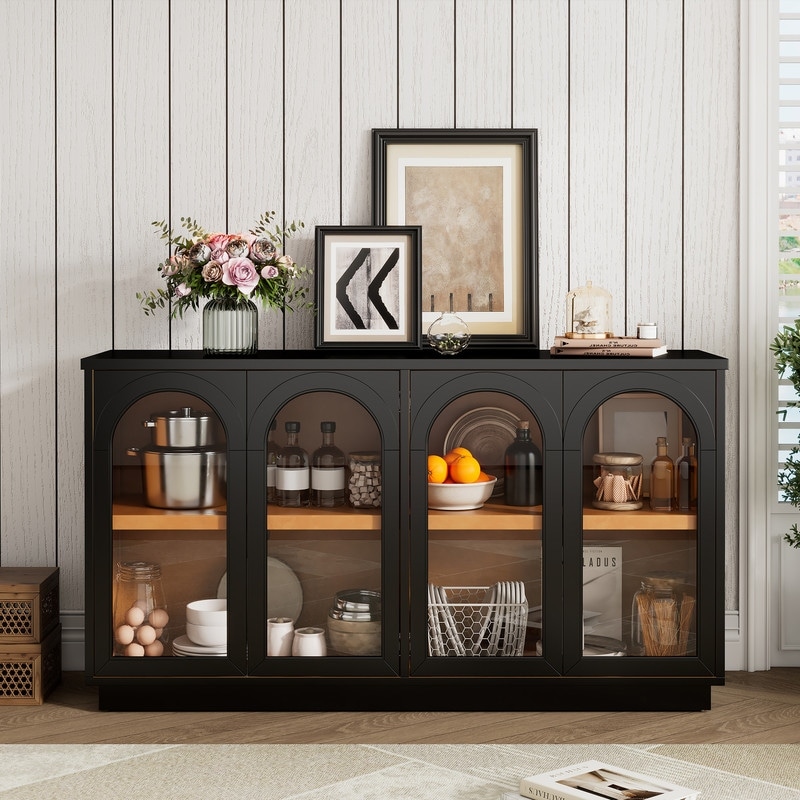 4-Door Large Storage Buffet Cabinet with Glass Doors