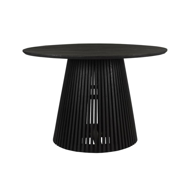 Ridge 47 Inch Handcrafted Mango Wood Round Dining Table, Slatted Flared Base, Black