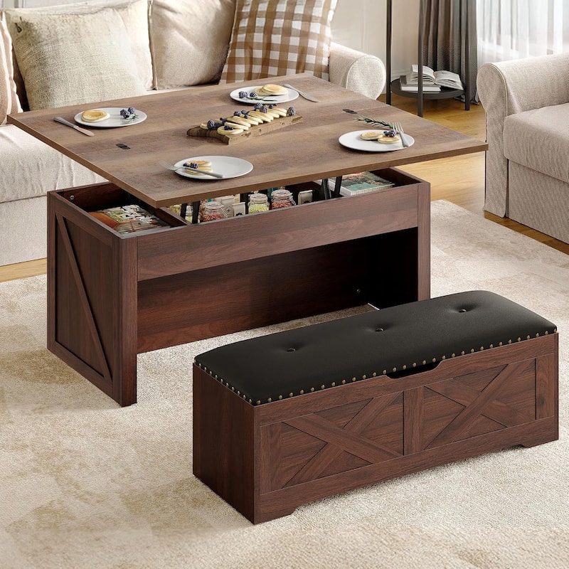Moasis Farmhouse Lift-Top Coffee Table Dinning Center Table with Storage Ottoman Bench Set - Brown