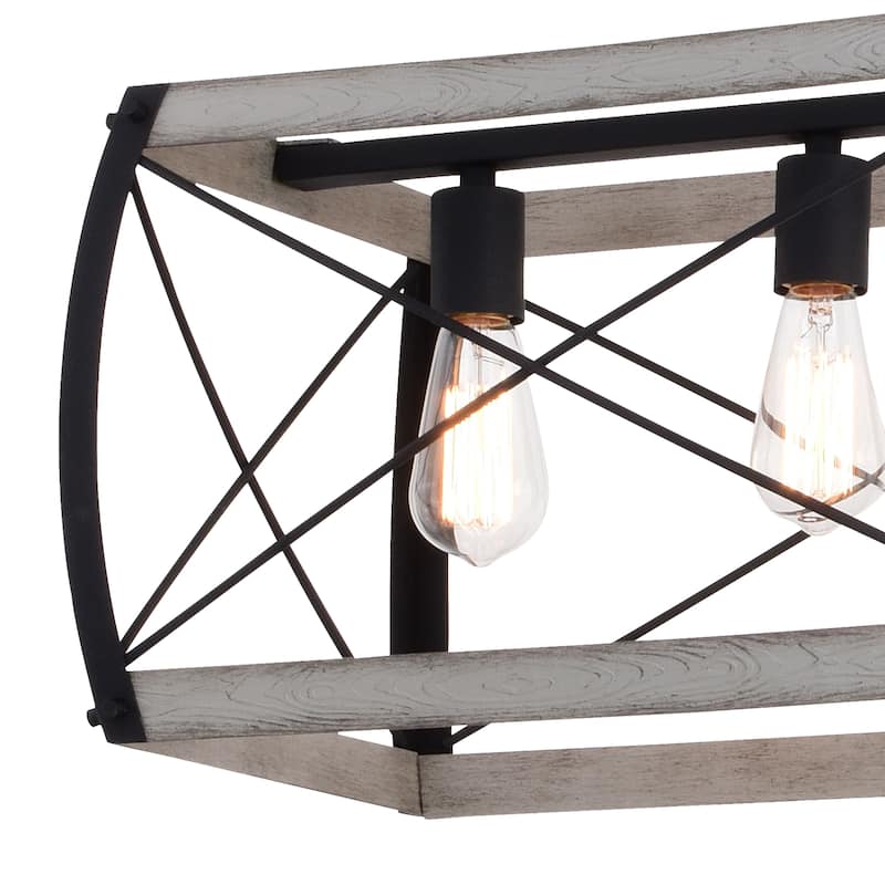 Montclare 5L Black and White Ash Wood Farmhouse Cage Linear Chandelier Island Pendant Light Fixture