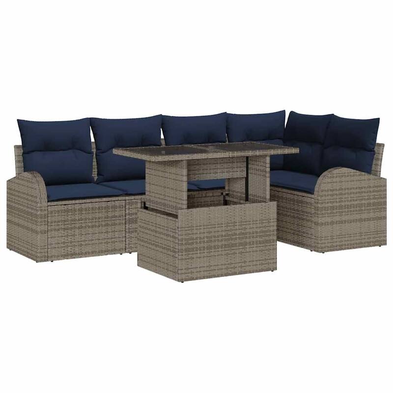 vidaXL 6 Garden Sofa Set with Cushions Black/Brown/Grey Poly Rattan - 92.1 x 48.8 x 27.2
