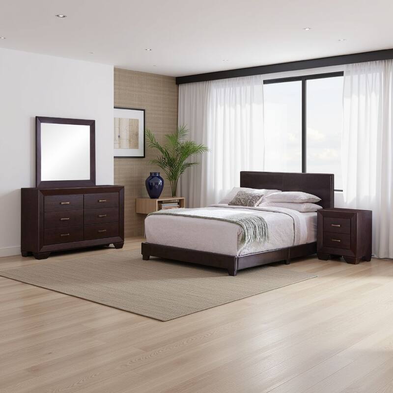 Desy 4pc Queen Size Bedroom Set, Extra Dark Cocoa Brown Faux Leather