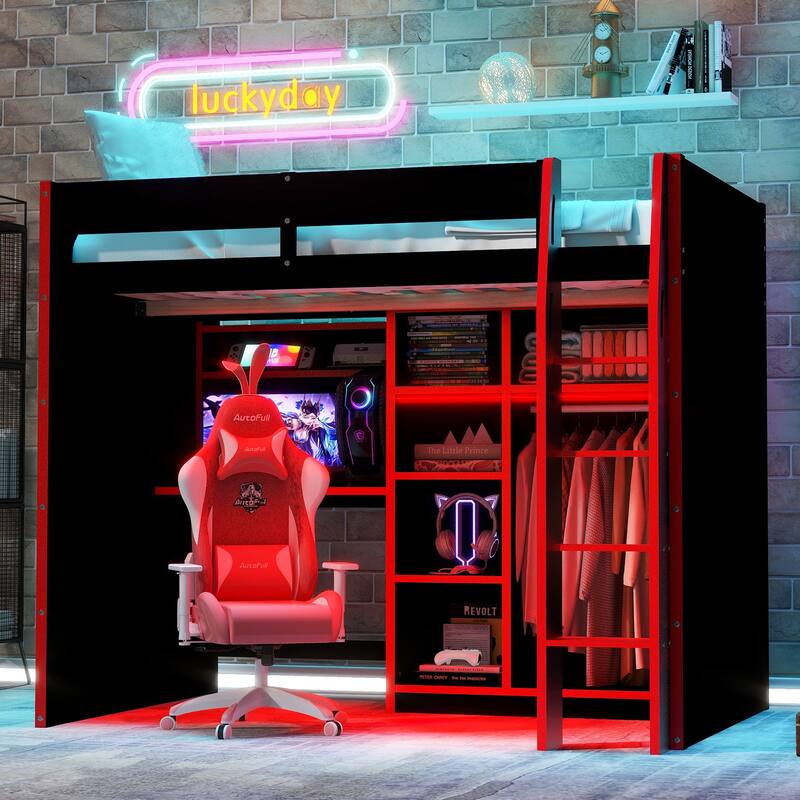All-in-one Full Size Wood Loft Bed for Gaming & Workspace with Desk, Open Wardrobe, Storage Compartments and RGB Light Strip