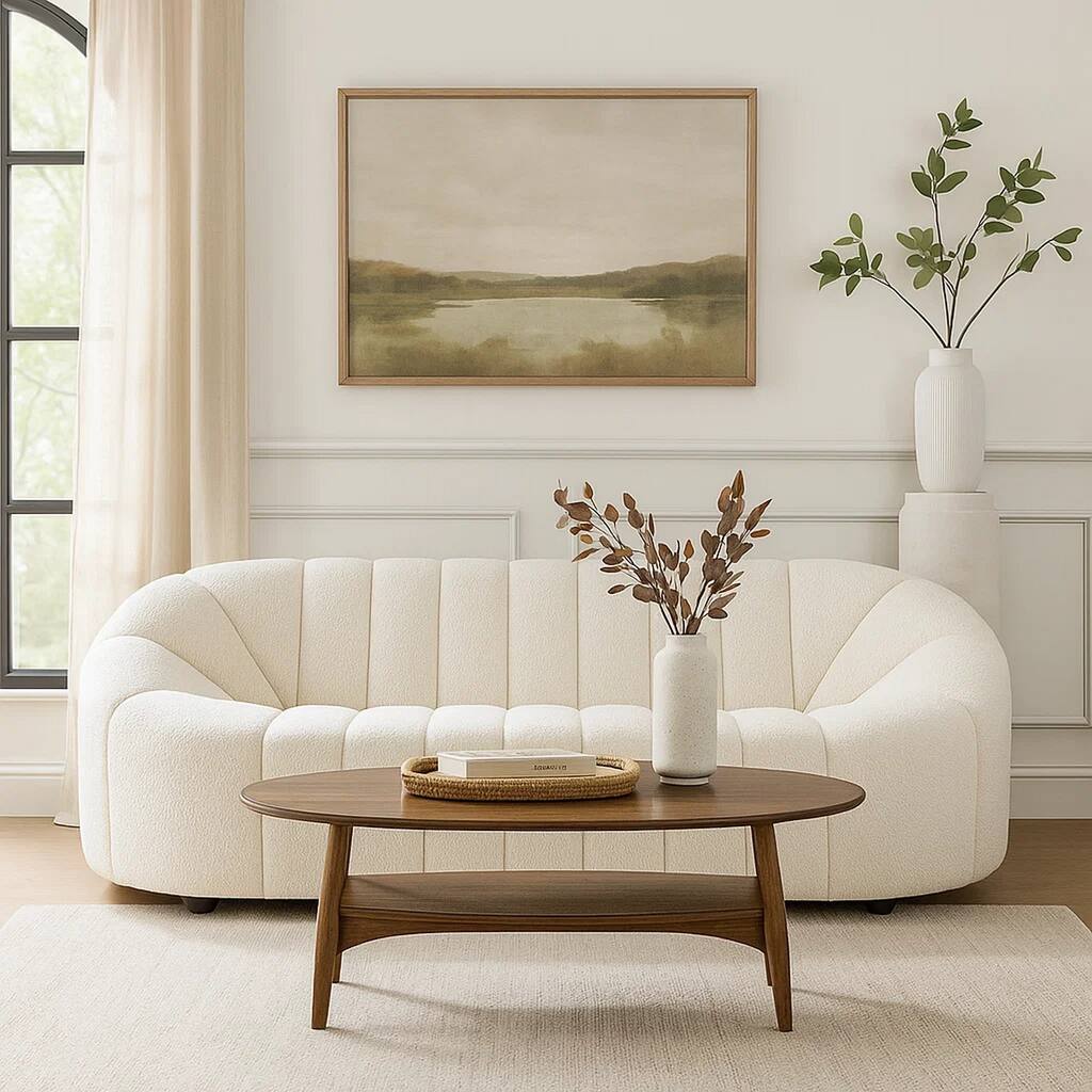 Sofa with Textured Fabric and Vertical Channel Tufting, White