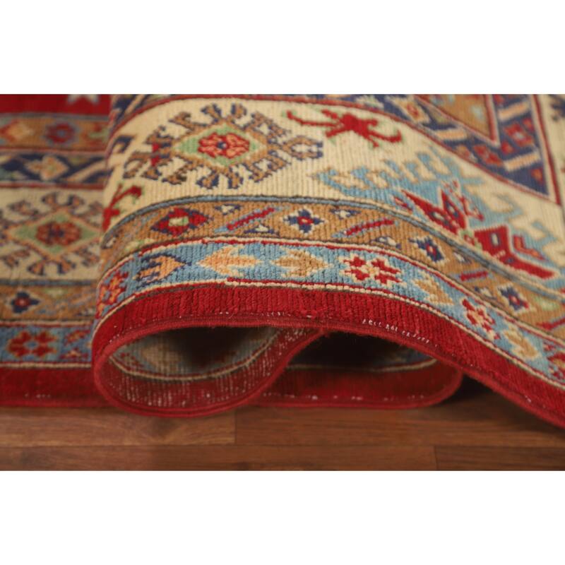 Red Geometric Kazak Area Rug Hand-Knotted Bedroom Wool Carpet - 6'2" x 10'2"