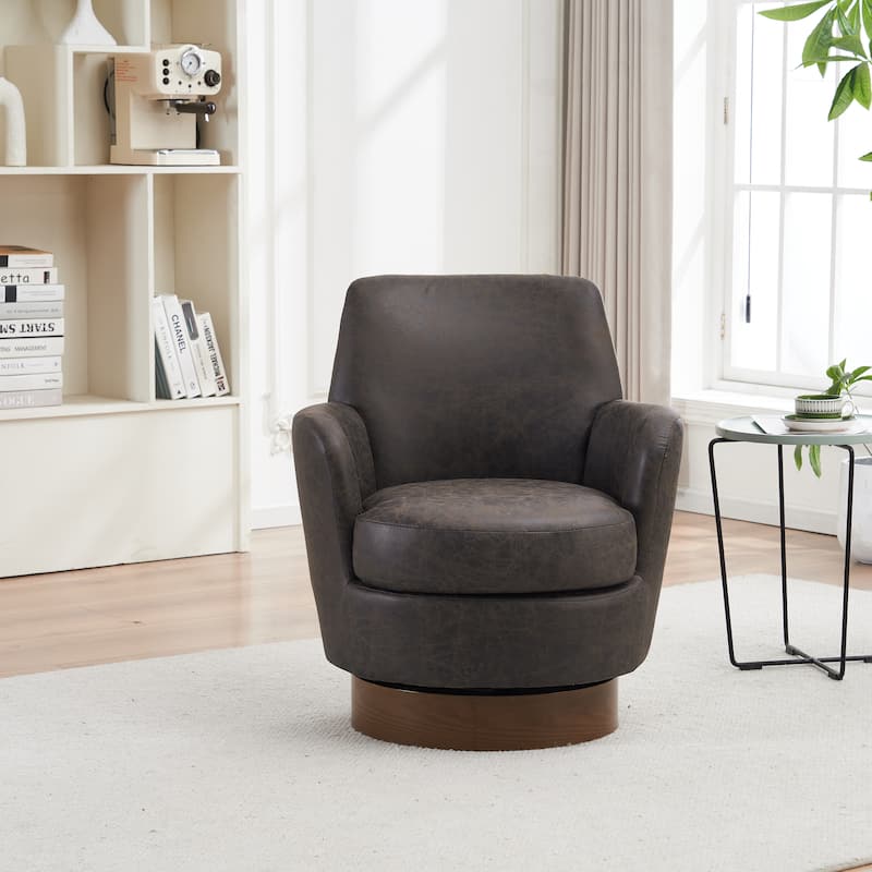 PU Leather Upholstered Swivel Barrel Chair, Ergonomic Single Sofa Chair, Lounge Reading Chair with Stainless Steel Base - Brown