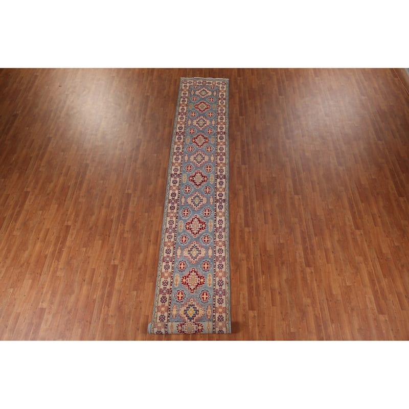Blue Geometric Kazak Runner Rug Hand-Knotted Wool Carpet - 2'9" x 15'11"