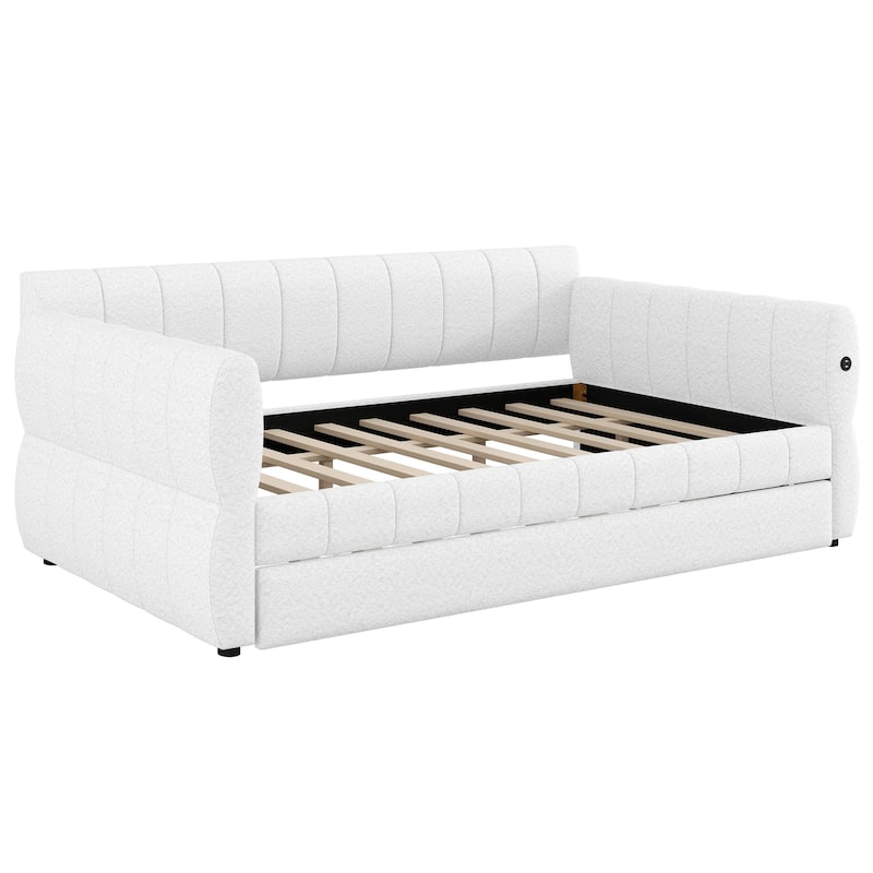 Queen Size Upholstered Daybed with USB and Optional Platform Storage Bed with 2 Drawers or Low Profile Sofa Bed with Trundle Bed