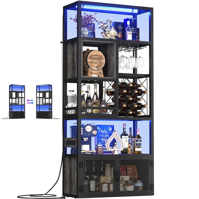 82.6" Tall Wine Cabinet with Glass Holder & Wine Rack，6-Tiers Liquor Storage Cabinet with LED Lights ＆ Charging Station