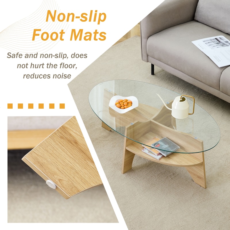 GDFStudio Elowen Tempered Glass Coffee Table with Wood Legs and Multi-Functional Design