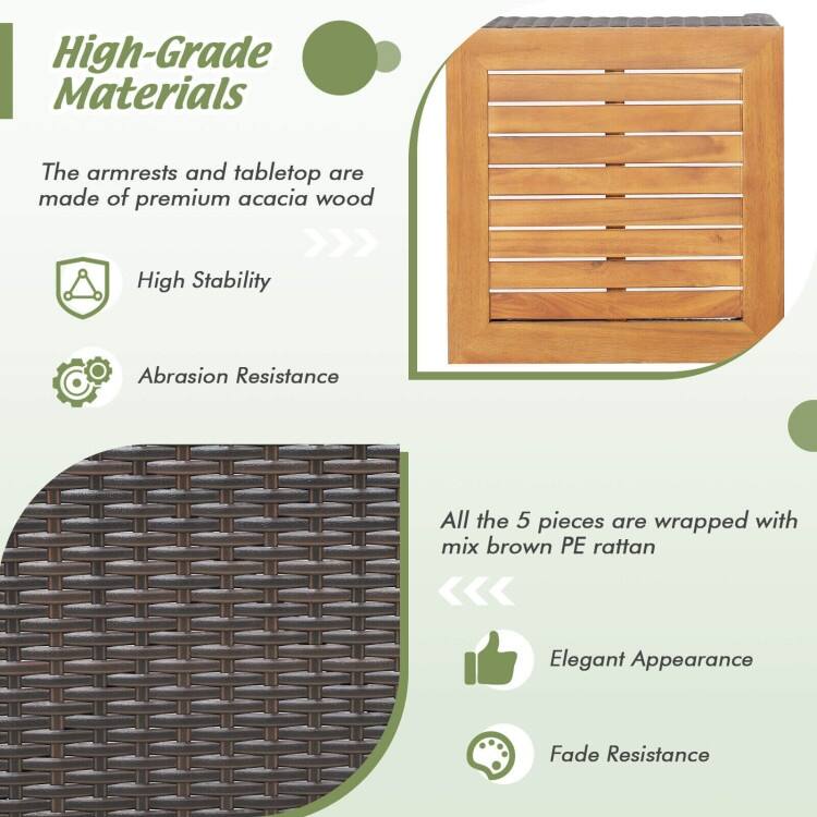 5 Pieces Patio Conversation Set with Cushions Coffee Table and 2 Ottomans - 25" x 24" x 29"