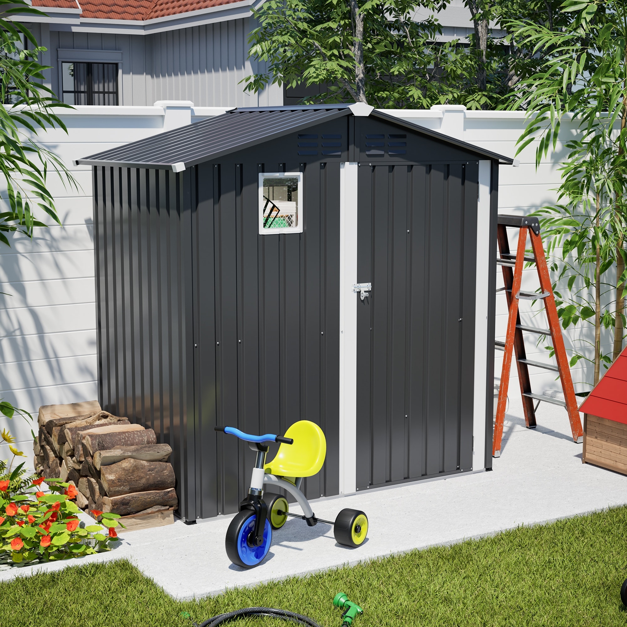 6 x 4 FT Outdoor Metal Storage Shed, Lockable Steel Tool Shed with Window, Waterproof Garden Storage