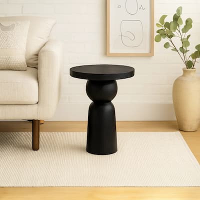 Tia 12 Inch Round Side End Table with Turned Pedestal Base, Mango Wood in Matte Black Finish
