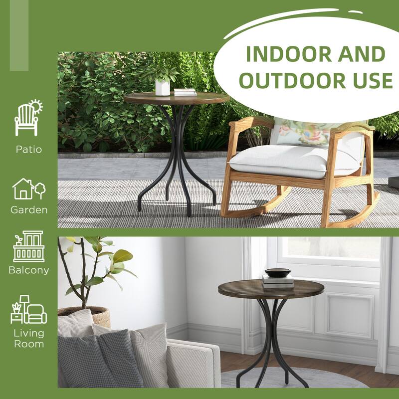 Outdoor Side Table,Patio Round Coffee Table with Steel Frame and Slat Tabletop
