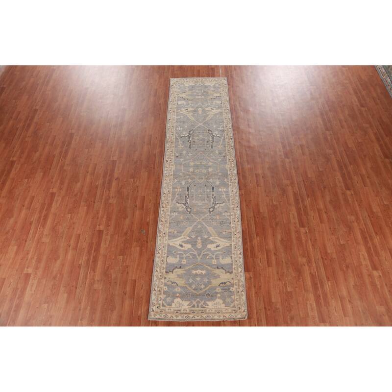 Hand Knotted Oriental 100% Wool Carpet Transitional All-Over Greys & Charcoal Oushak Runner Rug - 12' 1'' X 3' 0''