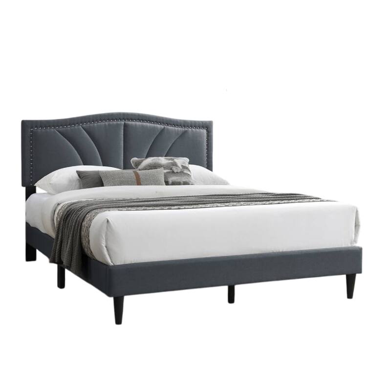 Reo Queen Size Bed, Charcoal Gray Burlap Upholstered Curved Headboard