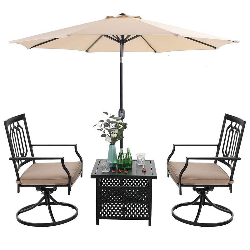 MAISON ARTS 3-piece Patio Bistro Set with 9 ft Umbrella, 2 Metal Swivel Chairs and 1 Square Table with Umbrella Hole
