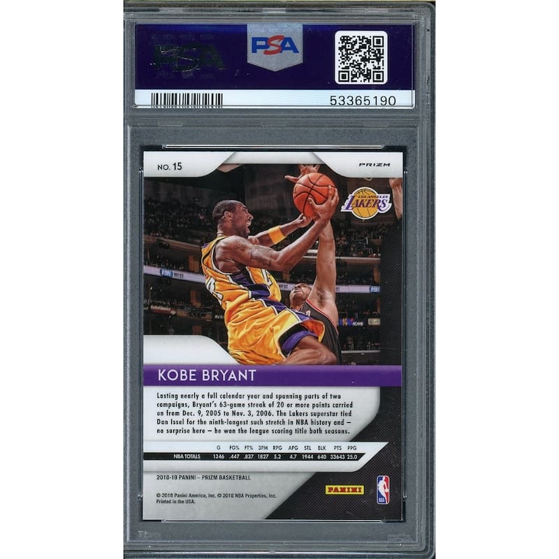 Kobe Bryant 2018 Panini Silver Prizm Basketball Card #15 Graded PSA 10 - 8'6" x 11'6"