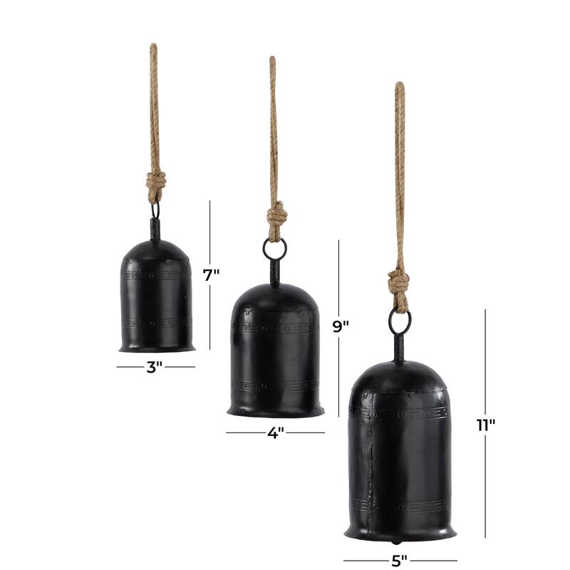 Gold, Gray, Bronze, Black or Red Metal Tibetan Inspired Decorative Cow Bells with Jute Hanging Rope (Set of 3)