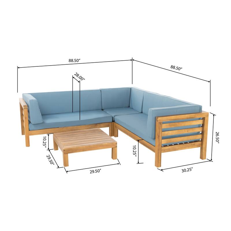 Oana Outdoor 5 Seater V Shaped Mid-Century Modern Acacia Wood Sectional Sofa Set with Coffee Table by Christopher Knight Home