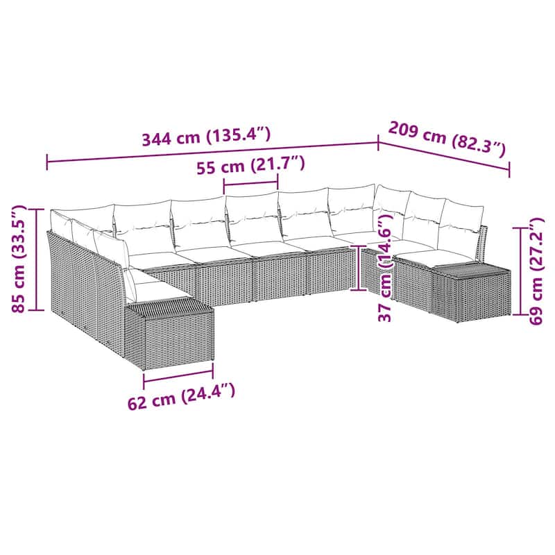 vidaXL 11 Piece Garden Sofa Set with Cushions - 135.4×82.3×27.2
