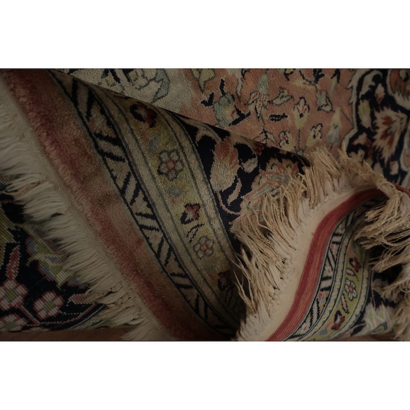 Hand Knotted Oriental Silk Carpet Traditional Floral Peach Kashmir Area Rug - 8' 0'' X 5' 8''