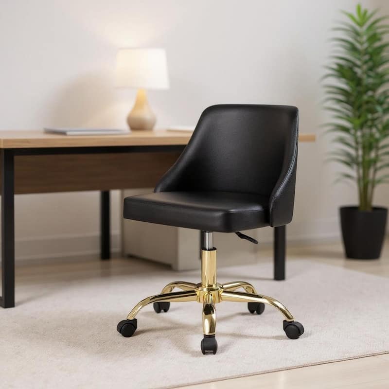 Black and Gold Faux Leather Adjustable Height Swivel Rolling Office Chair - Black