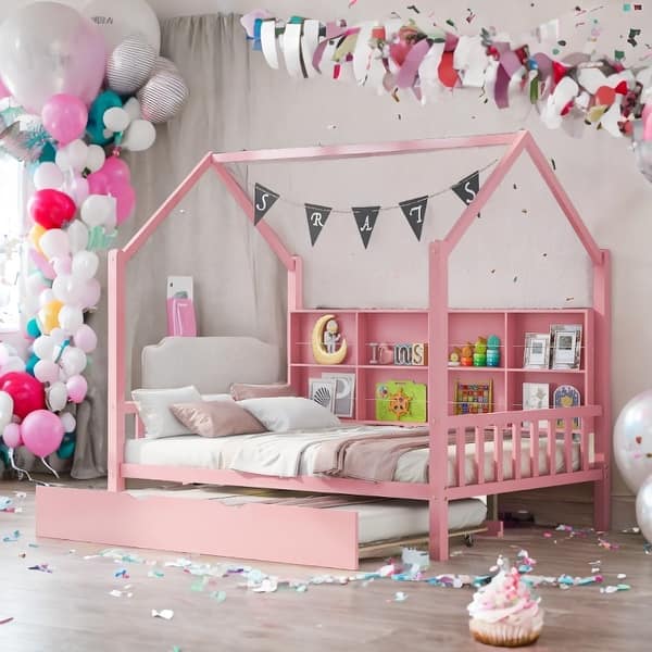 slide 2 of 13, Wooden Full Size House Bed with Trundle and Shelf for Kids Pink