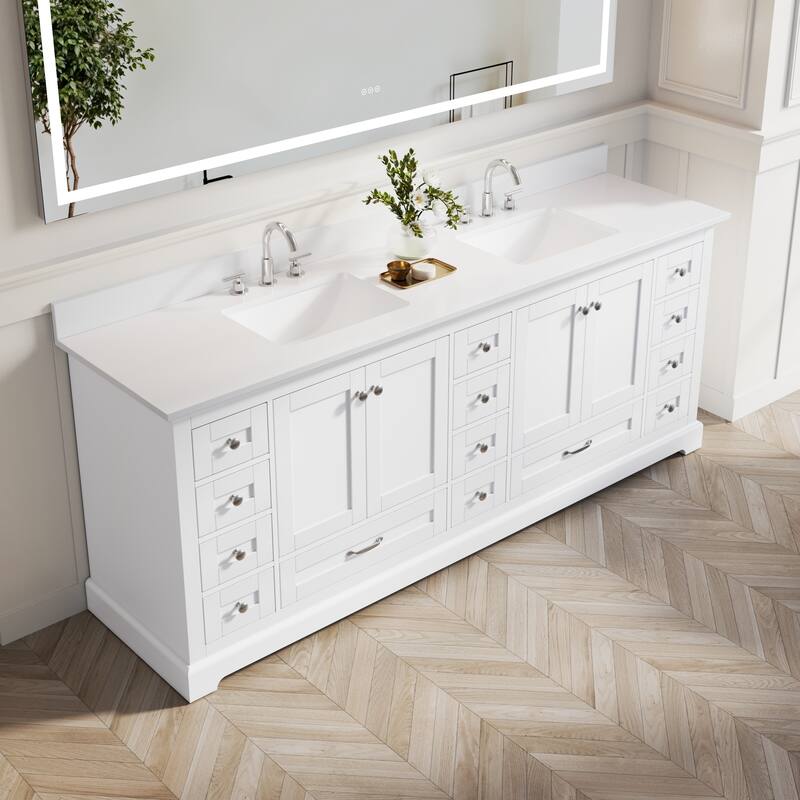 84''W Solid Wood Frame Bathroom Vanity With Pure White Culutered Marble Countertop And Double Sink