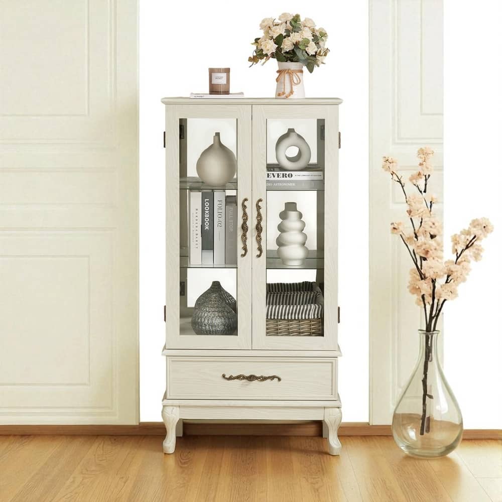 Lighted Glass Curio Display Cabinet with Adjustable Shelves, Drawer and Glass Doors