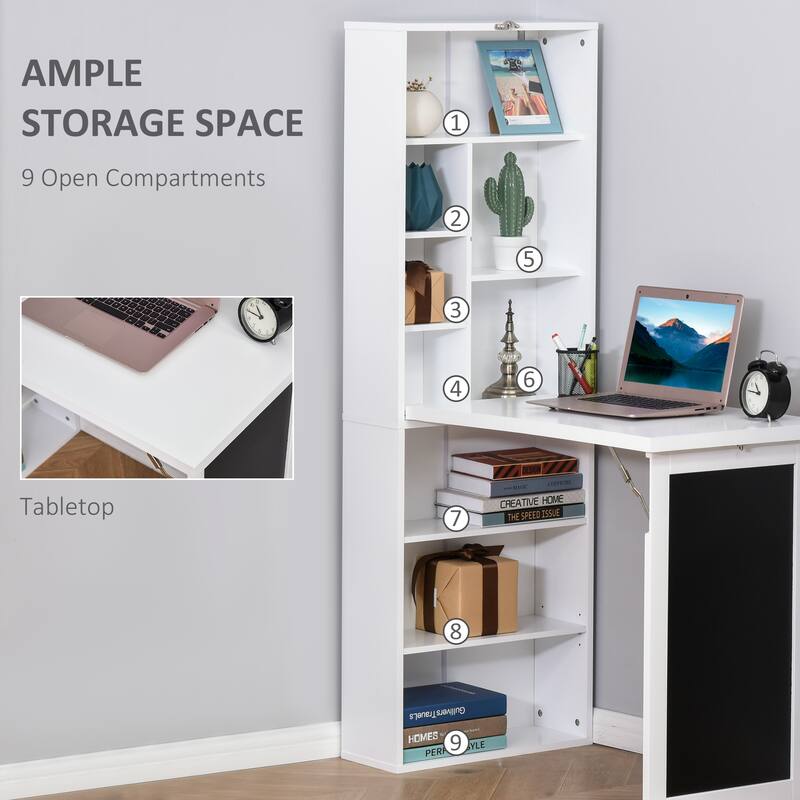 38.5" Wall-mounted Foldable Writing Desk with Blackboard & Shelf, Multi-function Home Office Desk