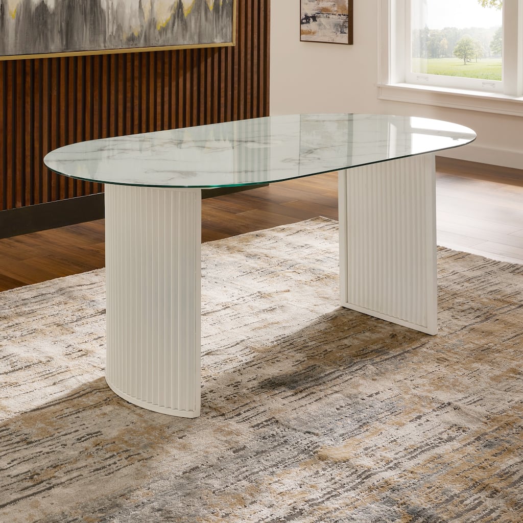 Pecos 65" White Metal Marble Pattern Tempered Glass Dining Table by iNSPIRE Q Modern