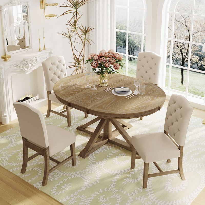 5-Piece Extendable Farmhouse Dining Table Set with Round to Oval Table and 4 Tufted Chairs, Solid Wood Frame