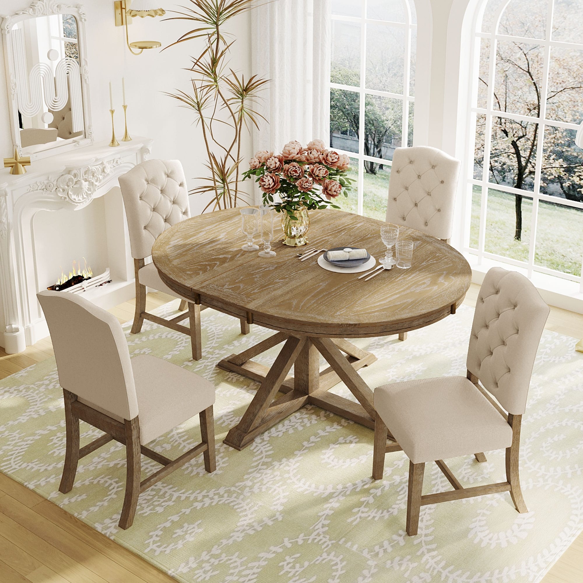 Sernadecor 6 Piece Kitchen Dining Table Set with Extendable Table and 4 Upholstered Chairs for Dining Room and Living Room Natural Wood Wash
