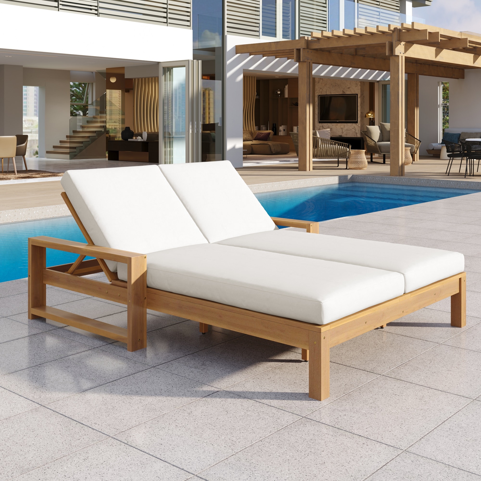 Outdoor Double Lounge Chair with 5-Position Backrest and Removable Cushions