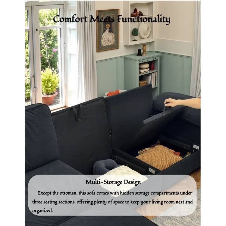 Upholstered L-Shaped Sectional Sofa Couch with Ottoman, Modern Fabric Deep Seat Sofa