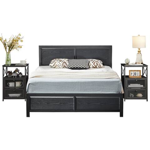 Industrial 3 Piece Bedroom Set Platform Bed Frame and Nightstands Set of 2, Black