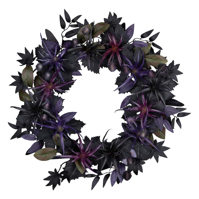 National Tree Company 24" Artificial Scare in the Air Halloween Wreath, 30 Purple LED Lights, Battery Operated - 2 ft